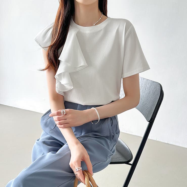 アシンメトリーフリルカットソー 半袖Tシャツ フリル | COCOMOMO | 詳細画像13 