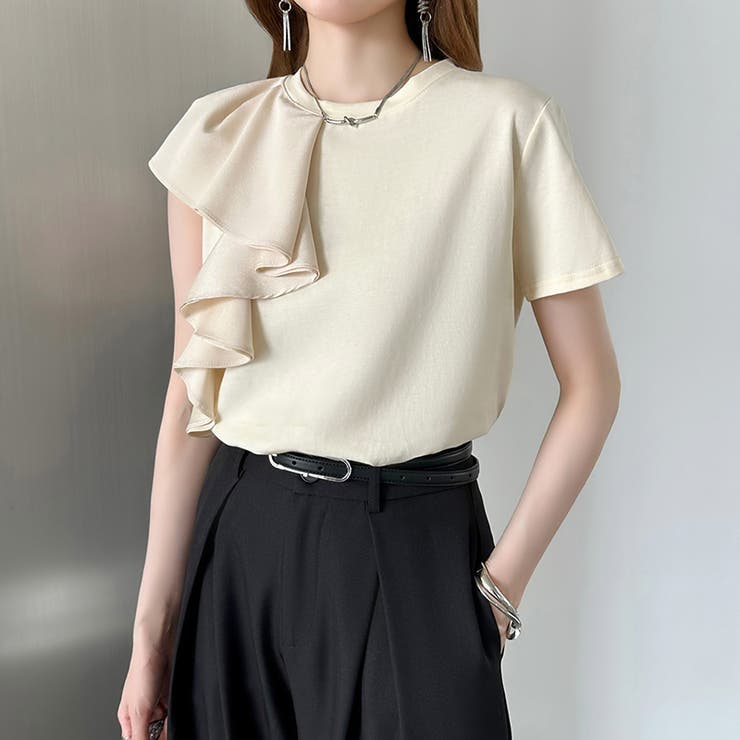 トップス miimol 大人フェミニン】 アシメフリルTシャツ フリルトップス[品番