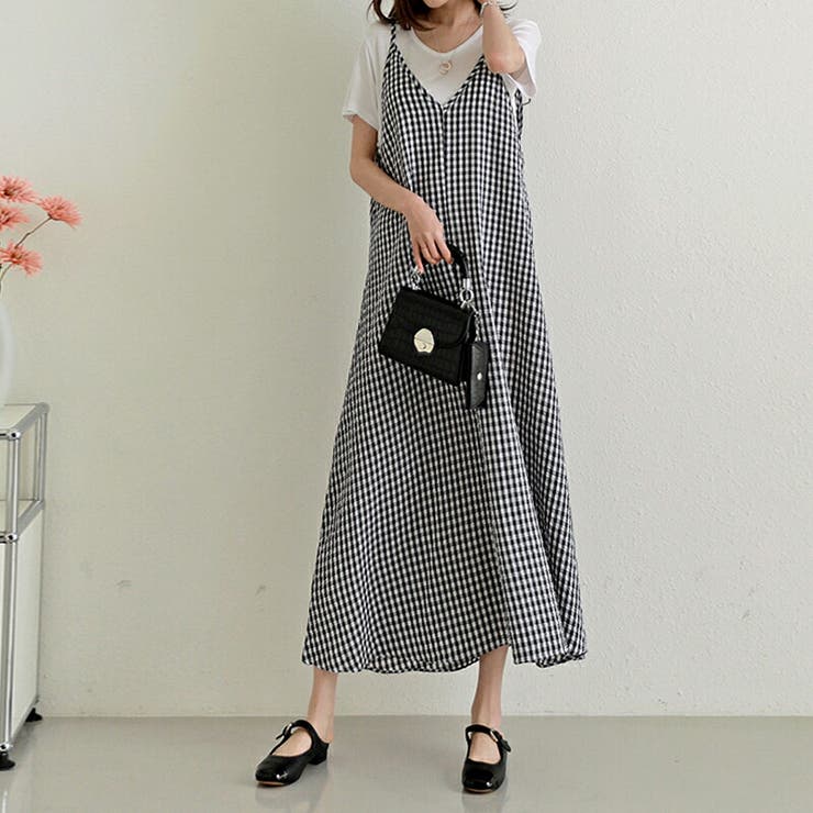 ギンガムチェックキャミソールワンピース ウォッシャブルロング丈  