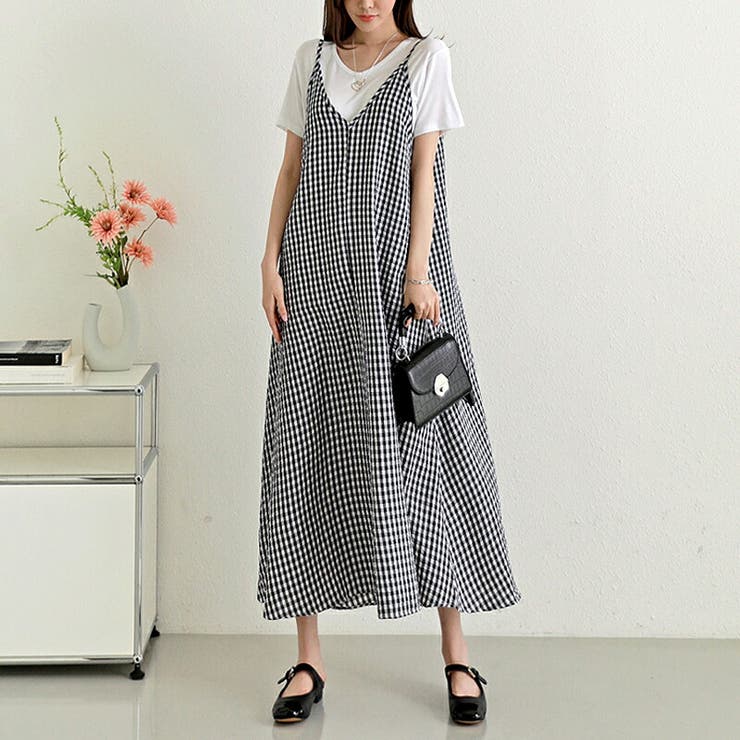 ギンガムチェックキャミソールワンピース ウォッシャブルロング丈