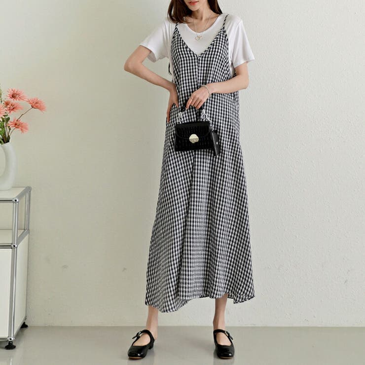 ギンガムチェックキャミソールワンピース ウォッシャブルロング丈
