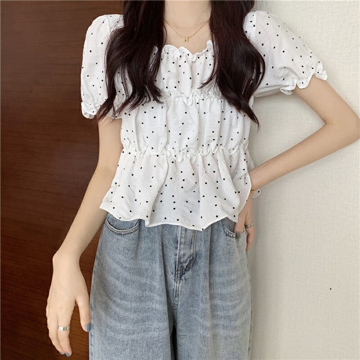 レディース 半袖ブラウス ティアードシャーリングトップス ドット柄 品番 Cocw Cocomomo ココモモ のレディース ファッション通販 Shoplist ショップリスト