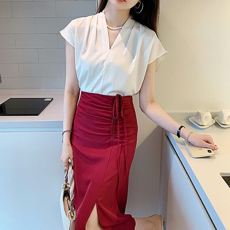 Vネックブラウス フレンチスリーブ オフィスカジュアル | COCOMOMO | 詳細画像17 