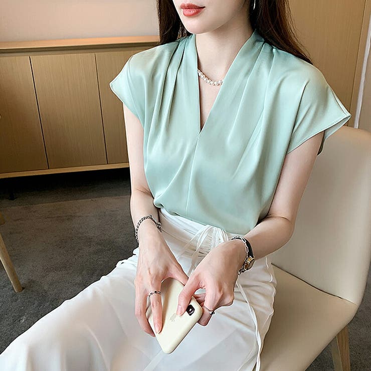 Vネックブラウス フレンチスリーブ オフィスカジュアル | COCOMOMO | 詳細画像20 