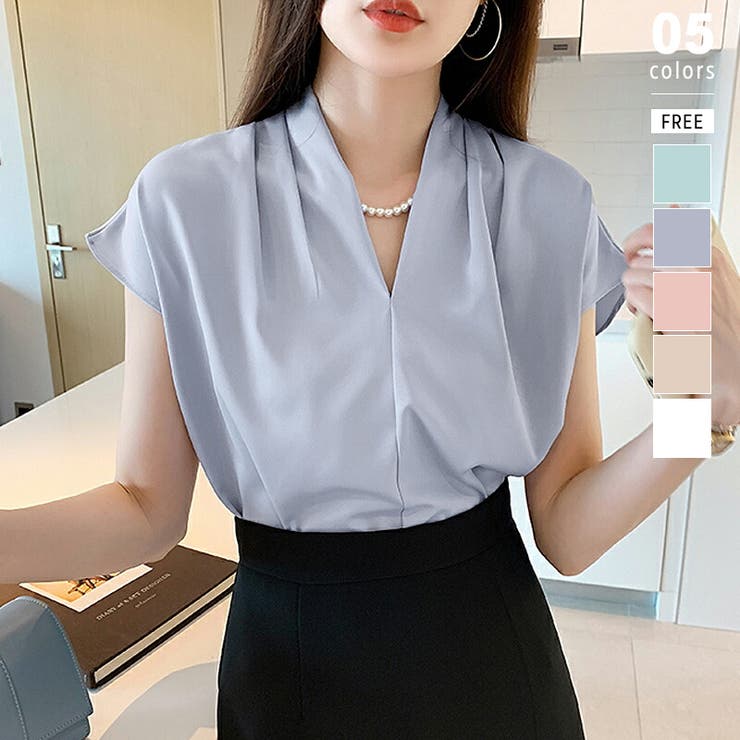 ブルー | Vネックブラウス フレンチスリーブ オフィスカジュアル | COCOMOMO