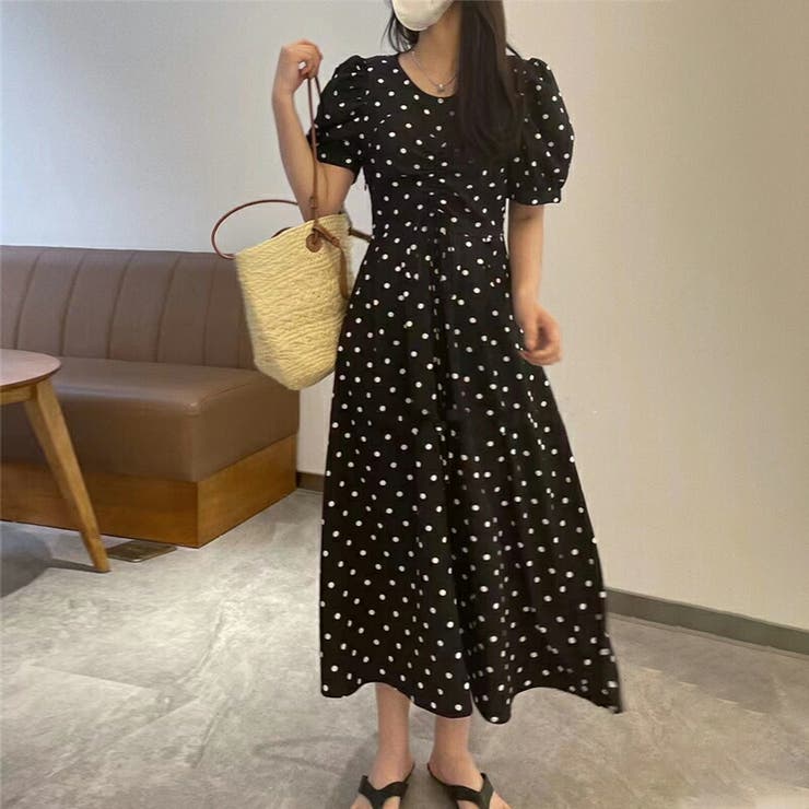 Amazon.co.jp: 夏のお出かけにぴったりロングワンピース ドット