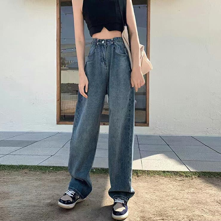 ハイウエストデニムワイドパンツ ワイドパンツ ウエストホック