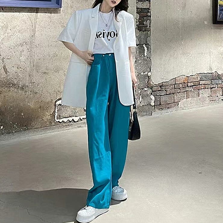ハイウエストデニムワイドパンツ ワイドパンツ ウエストホック