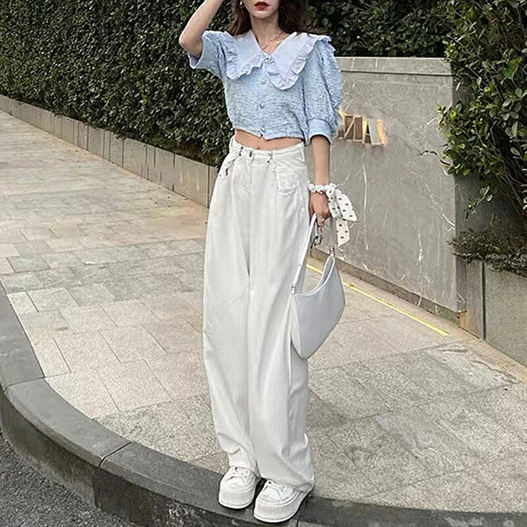 ハイウエストデニムワイドパンツ ワイドパンツ ウエストホック