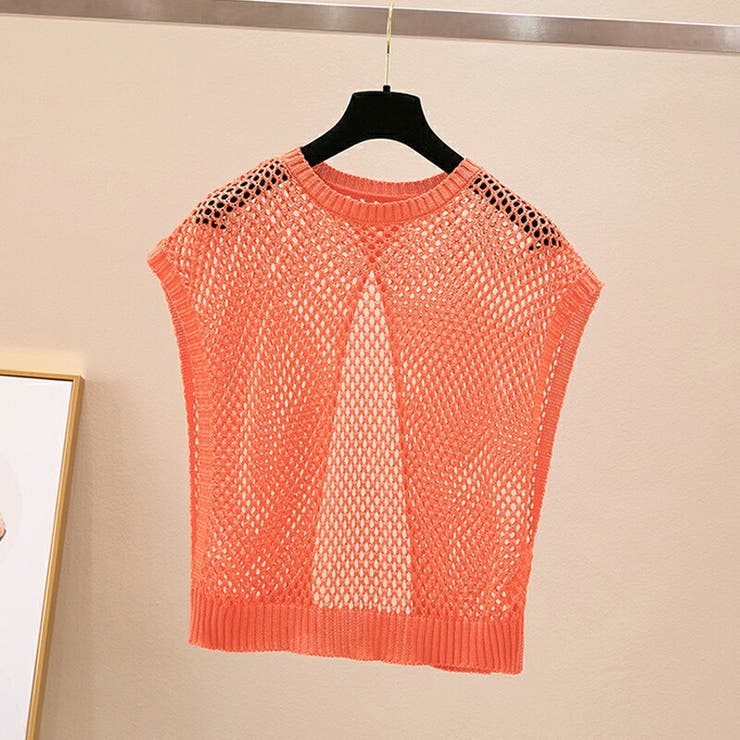 オレンジ | ノースリーブ 透かし編みバックスリットトップス 2wayメッシュニットベスト | COCOMOMO