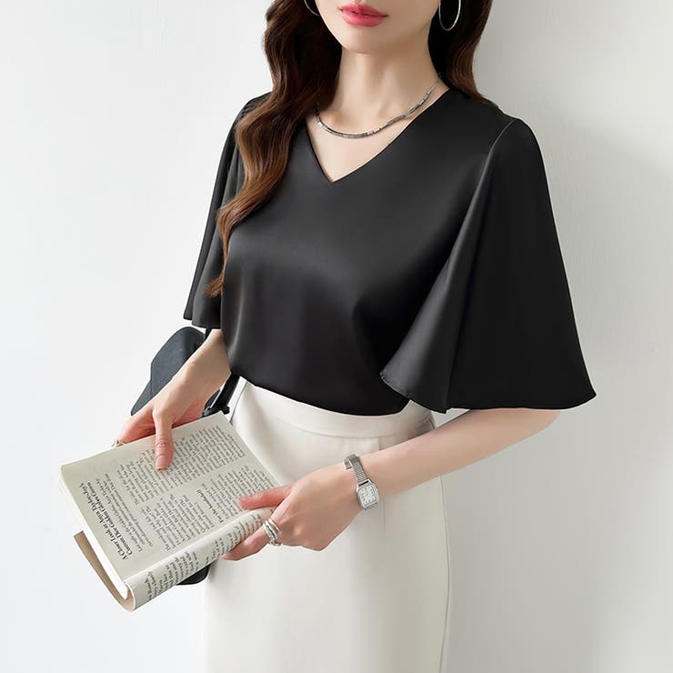 シフォンブラウス フレアスリーブブラウス とろみシャツブラウス | COCOMOMO | 詳細画像9 