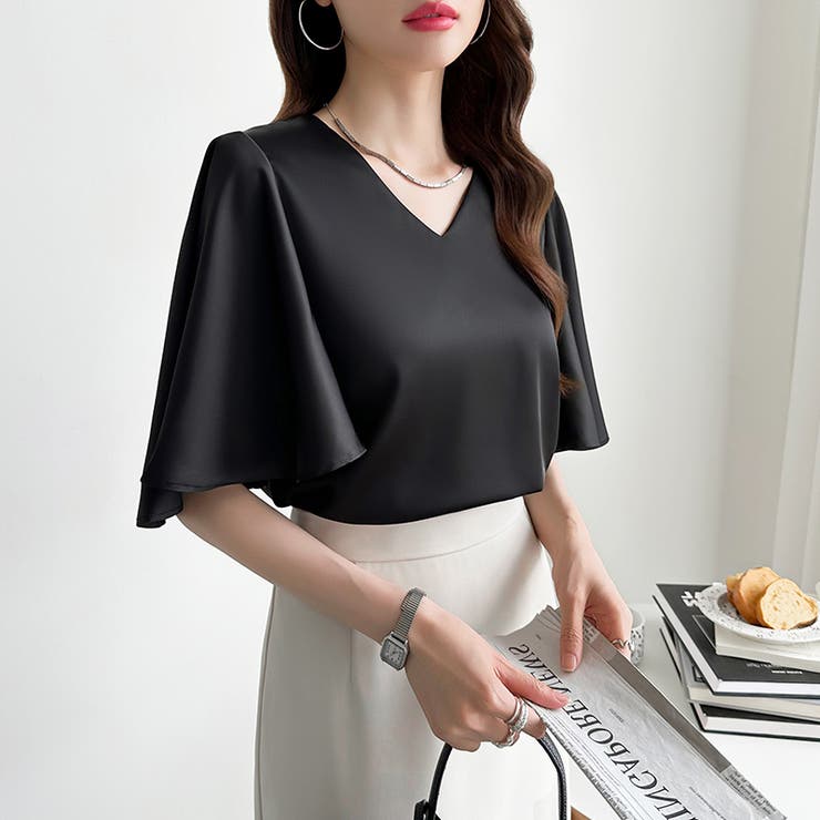 シフォンブラウス フレアスリーブブラウス とろみシャツブラウス | COCOMOMO | 詳細画像10 