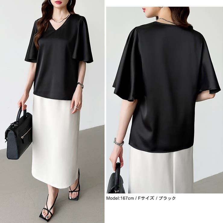 シフォンブラウス フレアスリーブブラウス とろみシャツブラウス | COCOMOMO | 詳細画像11 