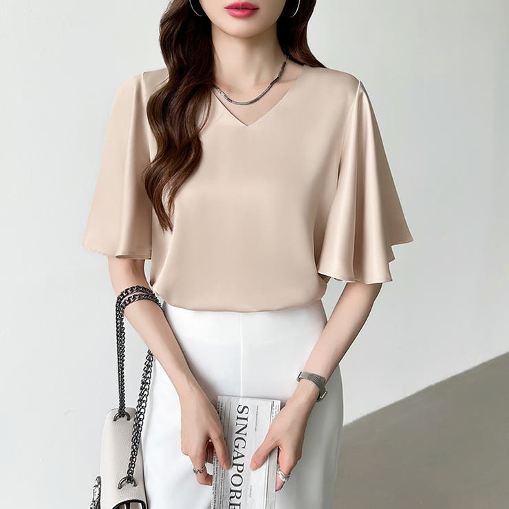 シフォンブラウス フレアスリーブブラウス とろみシャツブラウス | COCOMOMO | 詳細画像2 