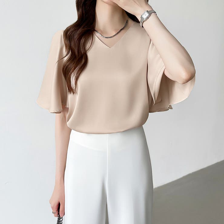 シフォンブラウス フレアスリーブブラウス とろみシャツブラウス | COCOMOMO | 詳細画像5 