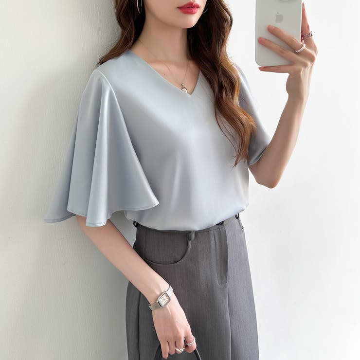 シフォンブラウス フレアスリーブブラウス とろみシャツブラウス | COCOMOMO | 詳細画像16 