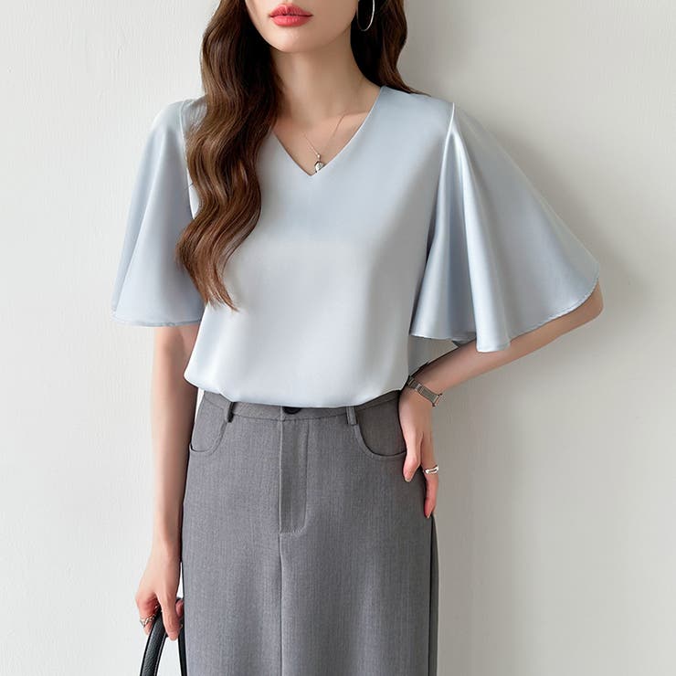 シフォンブラウス フレアスリーブブラウス とろみシャツブラウス | COCOMOMO | 詳細画像17 