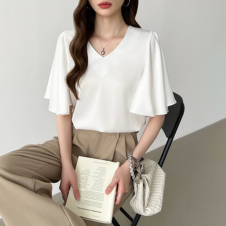 シフォンブラウス フレアスリーブブラウス とろみシャツブラウス | COCOMOMO | 詳細画像25 