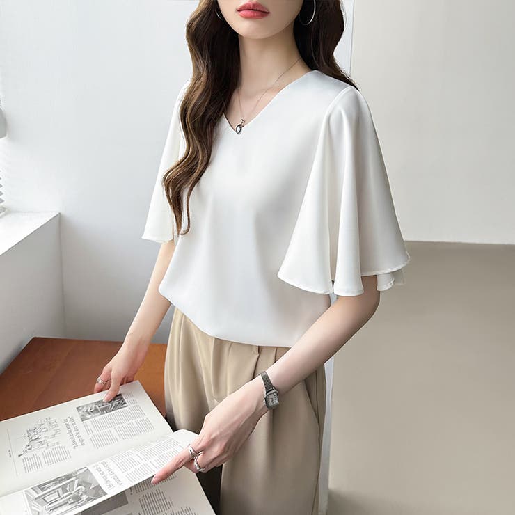 シフォンブラウス フレアスリーブブラウス とろみシャツブラウス | COCOMOMO | 詳細画像29 