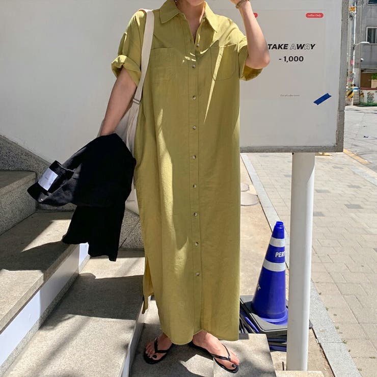 シャツワンピース 半袖ロングシャツワンピース ワンピース[品番