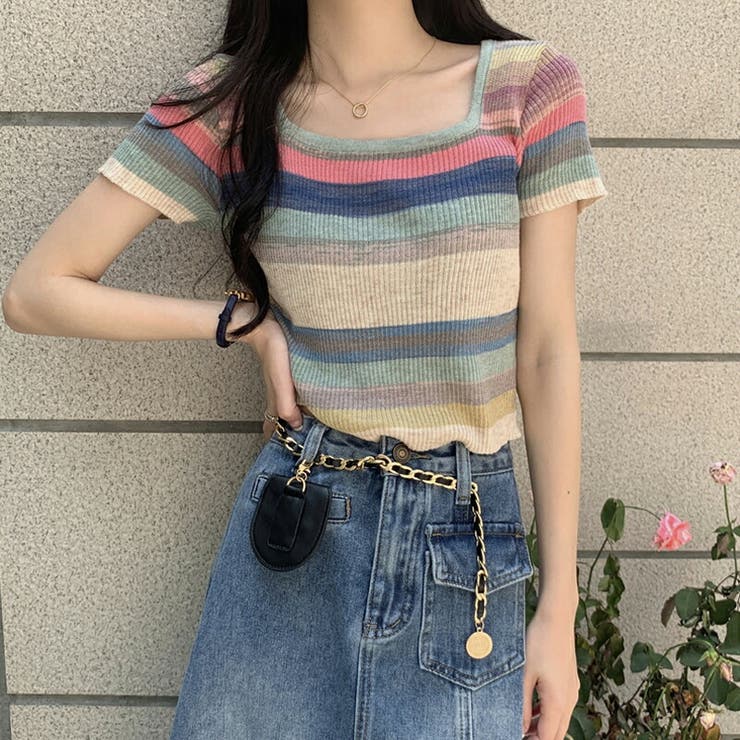 半袖ニット マルチカラーボーダーtシャツ サマーニットtシャツ 品番 Cocw Cocomomo ココモモ のレディース ファッション通販 Shoplist ショップリスト
