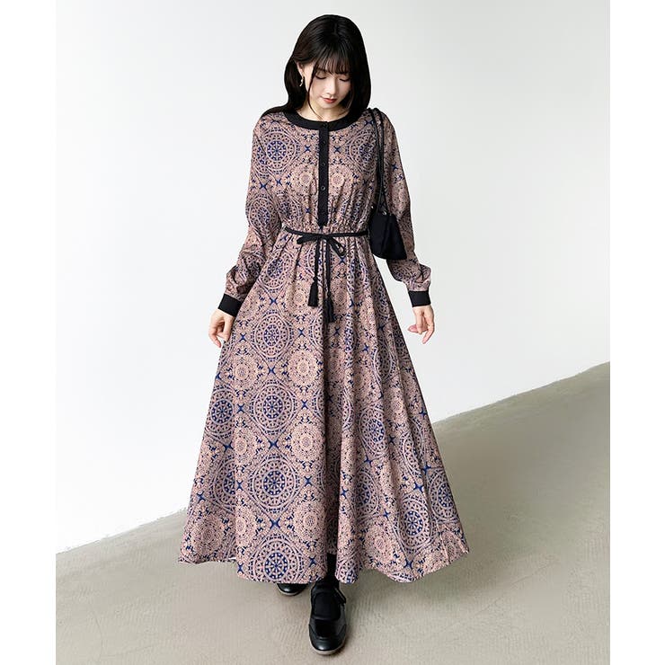 ロングワンピース フレンチスリーブワンピース ダマスク柄ワンピース