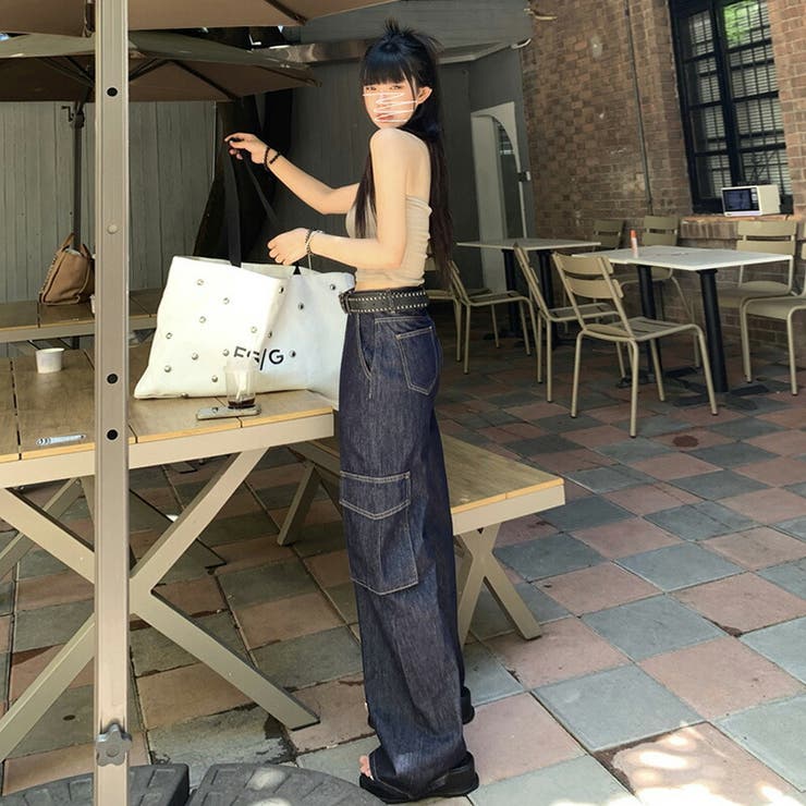 デニムパンツ ワイドデニムパンツ サイドポケット付きワイド