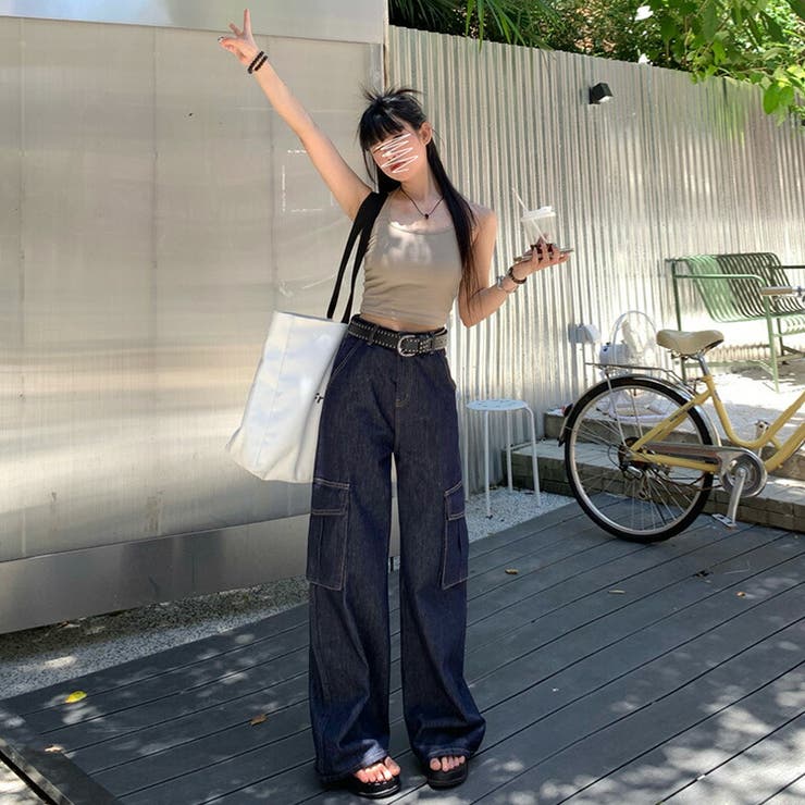 デニムパンツ ワイドデニムパンツ サイドポケット付きワイド