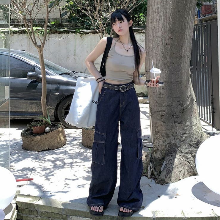 デニムパンツ ワイドデニムパンツ サイドポケット付きワイド