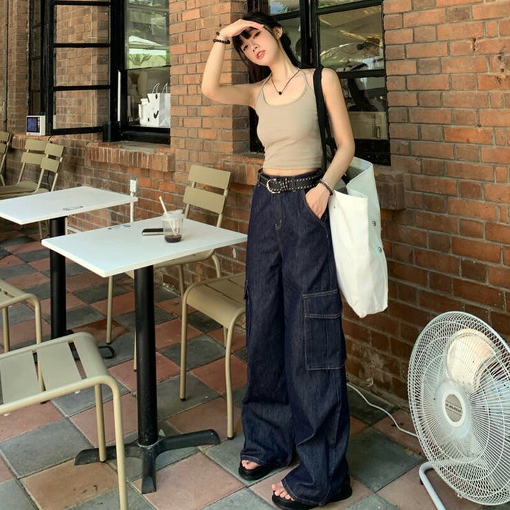 デニムパンツ ワイドデニムパンツ サイドポケット付きワイド