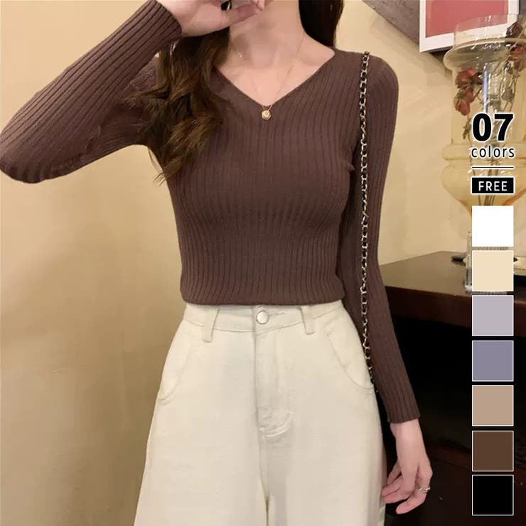 ダークブラウン | ニット Vネックニットトップス 長袖リブニット | COCOMOMO