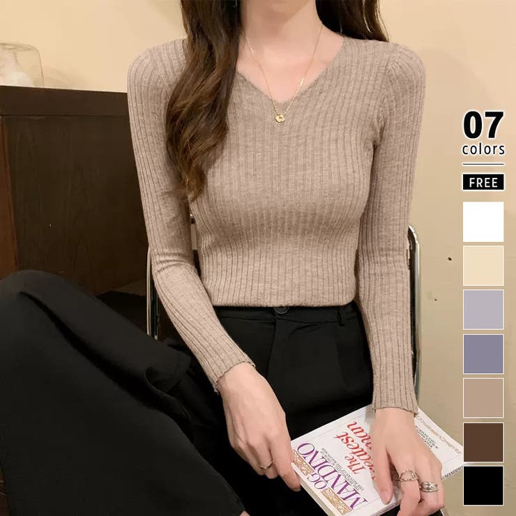 ライトブラウン | ニット Vネックニットトップス 長袖リブニット | COCOMOMO