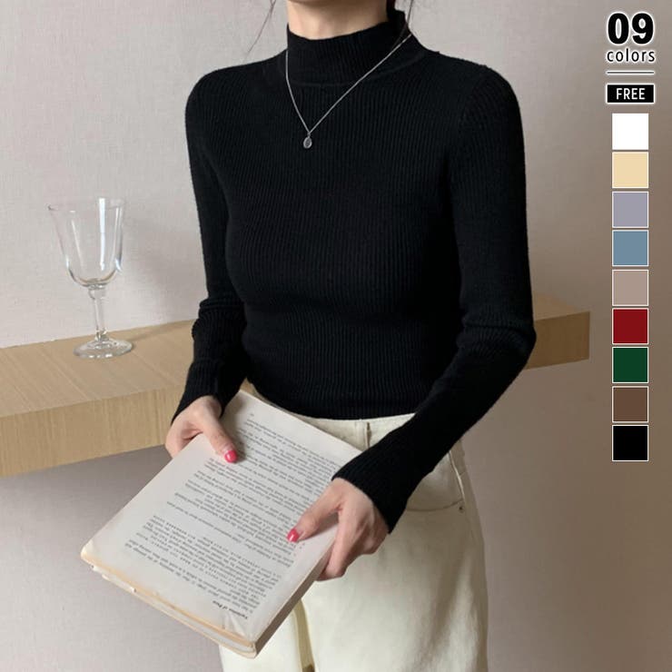 ブラック | ニット ハイネックニット 秋冬リブニット | COCOMOMO