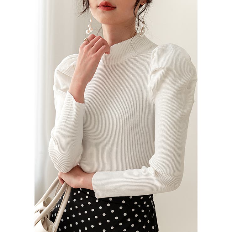 パフスリーブニット ハイネック リブニット[品番：COCW0004914