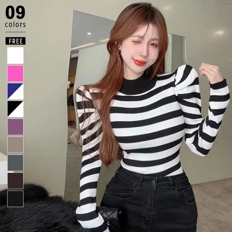 ブラック・ボーダー | パフスリーブニット ハイネック リブニット | COCOMOMO