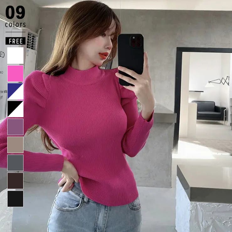 ローズ赤 | パフスリーブニット ハイネック リブニット | COCOMOMO