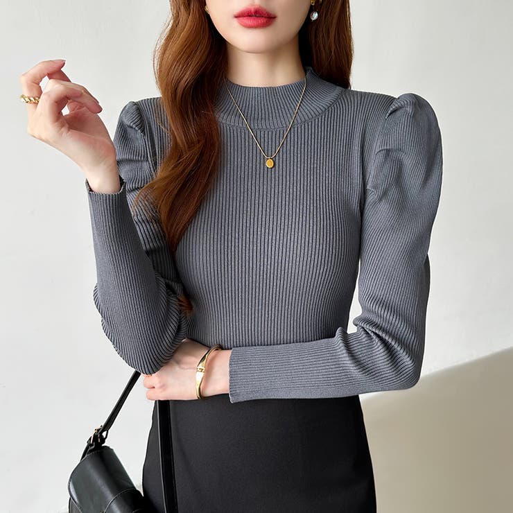 パフスリーブニット ハイネック リブニット[品番：COCW0004914