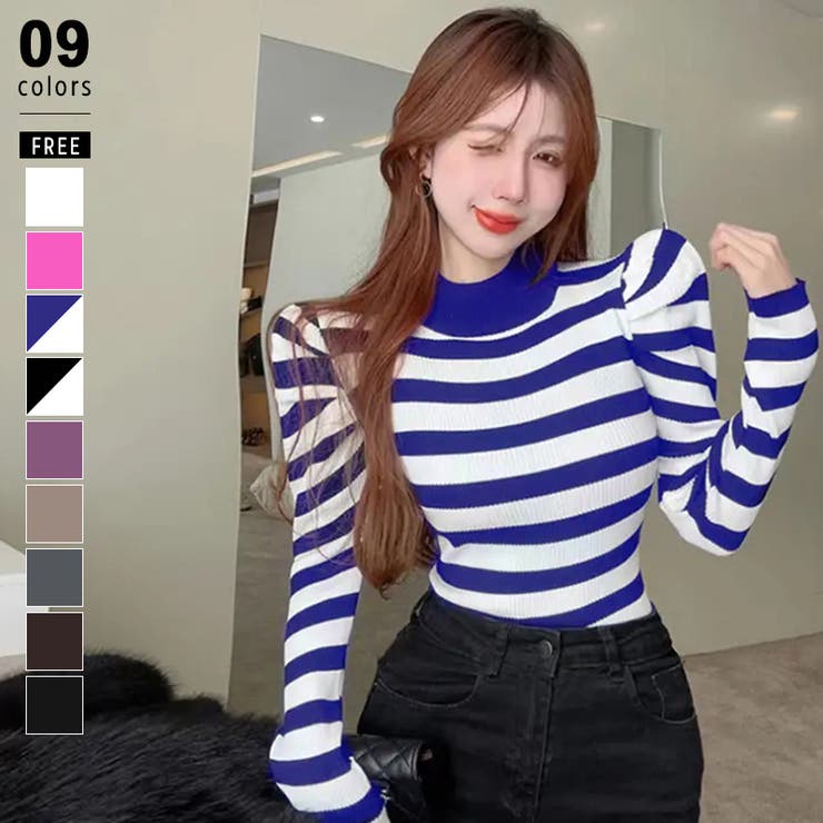 ブルー・ボーダー | パフスリーブニット ハイネック リブニット | COCOMOMO