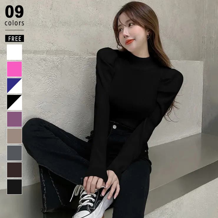 ブラック | パフスリーブニット ハイネック リブニット | COCOMOMO