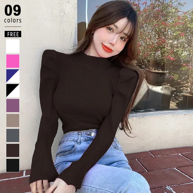 パフスリーブニット ハイネック リブニット[品番：COCW0004914