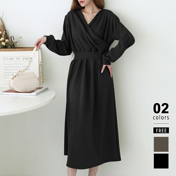 ブラック | ワンピース カシュクールワンピース タックフレアワンピース | COCOMOMO