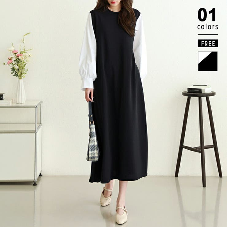 ブラック | ワンピース パフスリーブドッキングワンピース オールインワン | COCOMOMO