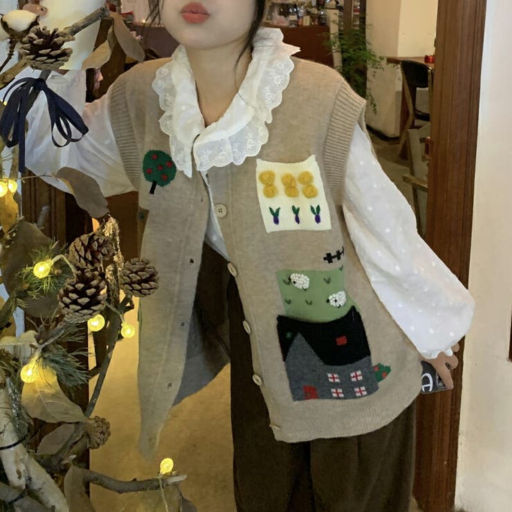 ニットベスト 立体刺繍ニットベスト 韓国ファッション[品番