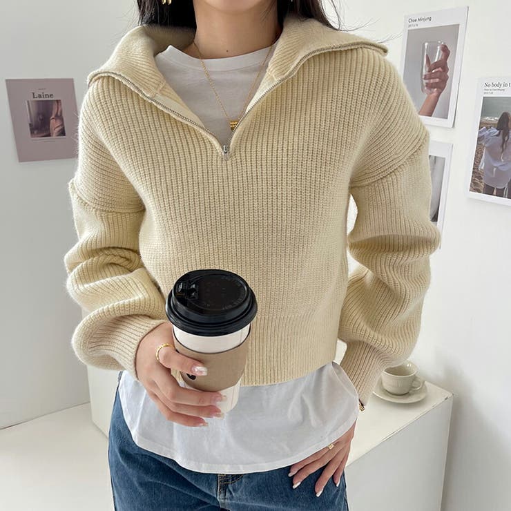 ベージュ | ニットセーター ハーフジップニット ショートニットプルオーバー | COCOMOMO