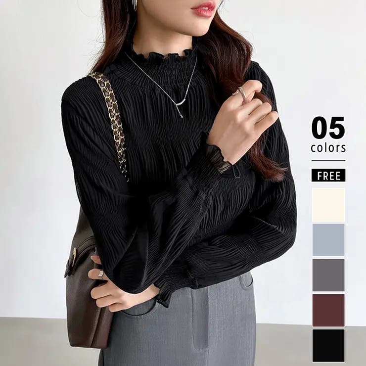 ブラック | 新色登場！裏起毛シャーリングブラウス ハイネックブラウス オフィスカジュアル | COCOMOMO
