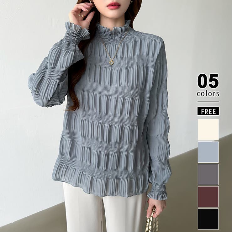 グレー.ブルー | 新色登場！裏起毛シャーリングブラウス ハイネックブラウス オフィスカジュアル | COCOMOMO
