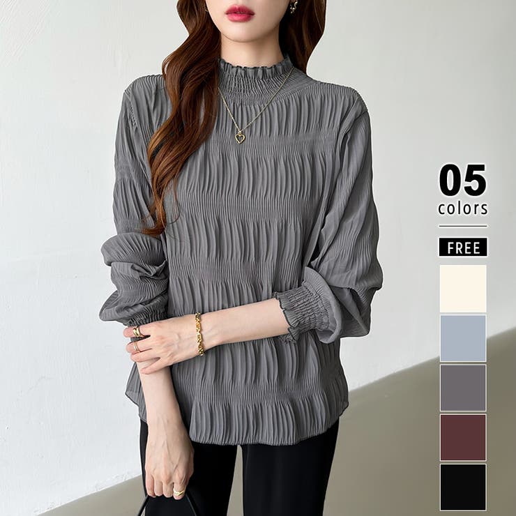 ダークグレー | 新色登場！裏起毛シャーリングブラウス ハイネックブラウス オフィスカジュアル | COCOMOMO