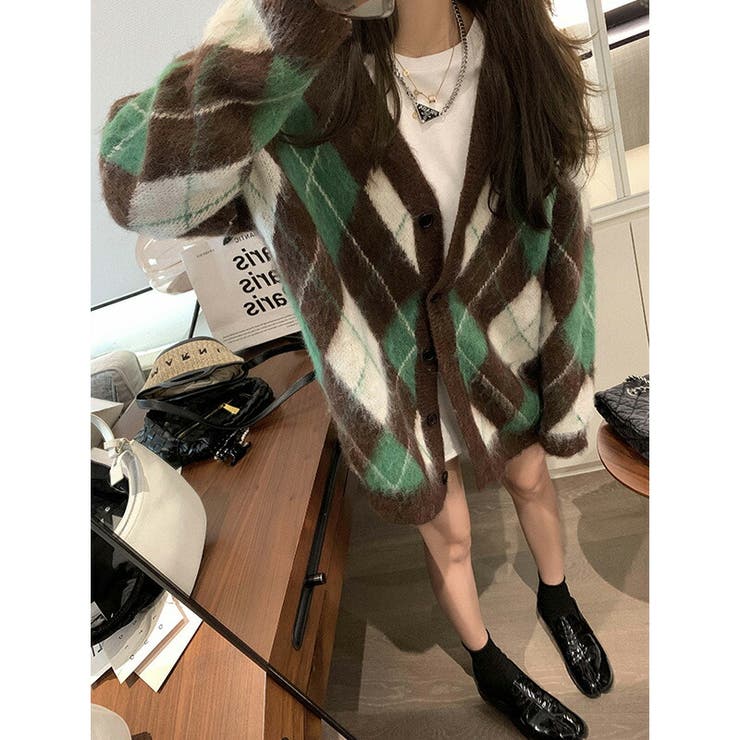 ESCADA - ヴィンテージ チェック オーバーサイズ ロング モヘヤ ニット カーディガン Rocky Monroe カーディガン オーバーサイズ 総柄Vネックニット