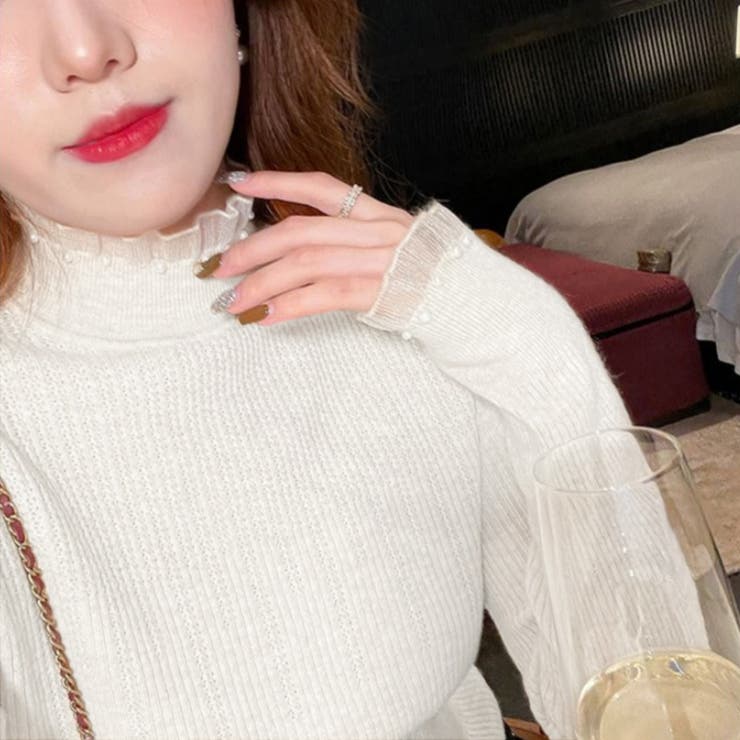 ニット フリルレースハイネック リブニットハイネックトップス | COCOMOMO | 詳細画像9 