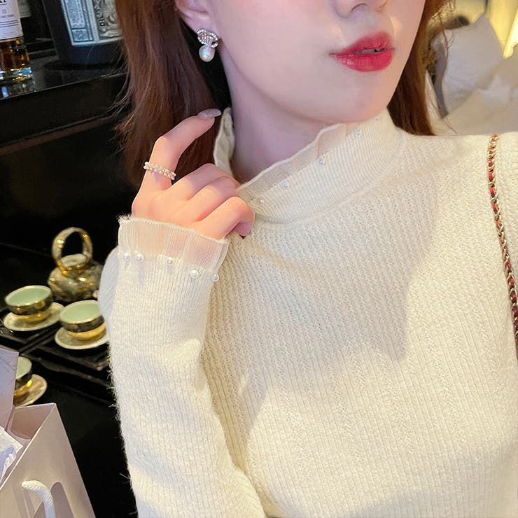 ニット フリルレースハイネック リブニットハイネックトップス | COCOMOMO | 詳細画像2 